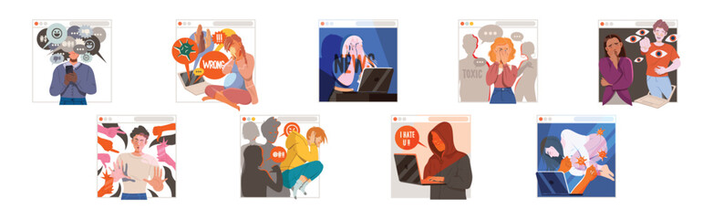Cyber Bullying with Depressed Young People Character Victim Vector Set