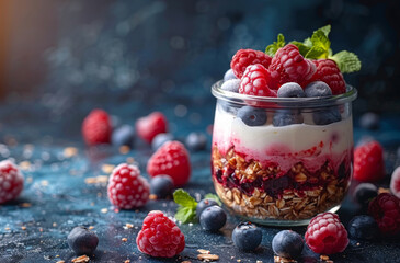 Poster - healthy breakfast options, healthy and delicious overnight oats with yogurt and berries in a jar, a perfect breakfast option to start your day