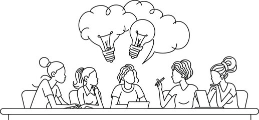 Businesswoman brainstorming with a group, team collaboration, idea generation, collective creativity. one continues line art vector illustration