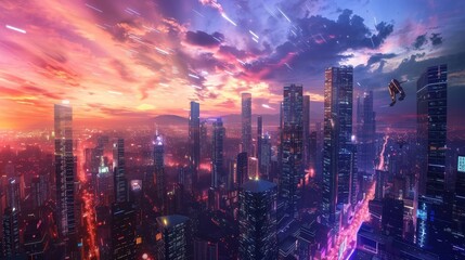 panoramic view of a futuristic city skyline at sunset, sleek skyscrapers with neon lights, flying ve