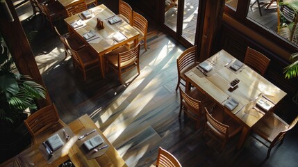 Wall Mural - aerial view of the dining room and wooden furniture generative ai