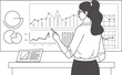 © LOVE VECTOR - Businesswoman presenting charts and graphs, data visualization, statistical analysis, graphical representation. one continues line art vector illustration