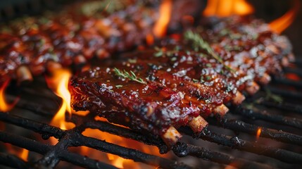 bbq pork ribs cooking on flaming grill