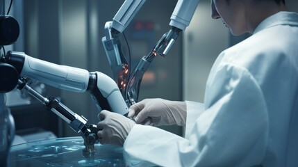 Wall Mural - A close-up photo of a delicate robot arm performing a surgical procedure with utmost precision, showcasing its medical applications and lifesaving potential.