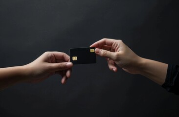 Black credit card being handed over in a close-up view against a dark background