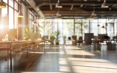 Wall Mural - Blurred modern office interior with sunlight streaming in.