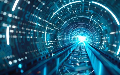 futuristic digital code swirling in a luminous blue cyber tunnel.