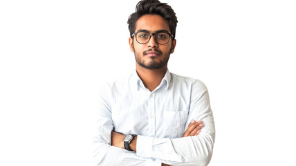 Proud confident indian business man investor wearing eyeglasses, rich ethnic ceo, corporate executive, professional lawyer banker, male office employee standing isolated on transparent png background.