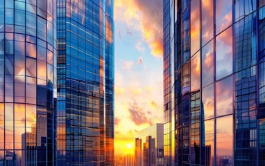 Wall Mural - Sunset reflecting off modern glass buildings in an urban skyline.