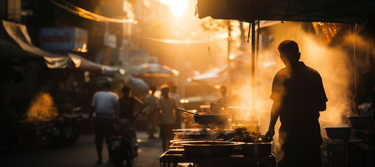 Wall Mural - a telephoto shot of a street vendor setting up their stall at dawn, their silhouette outlined against the soft, golden hues of the rising sun, with a gentle bokeh effect from the e