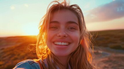 Wall Mural - A woman with long blonde hair is smiling at the camera