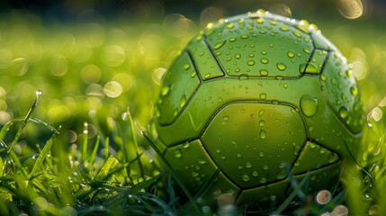 Wide-angle view of a glossy, neon green soccer ball, close-up, resting on fresh dewy grass, early morning, intricate detail in stitching and surface texture, ideal for sports and fitness campaigns