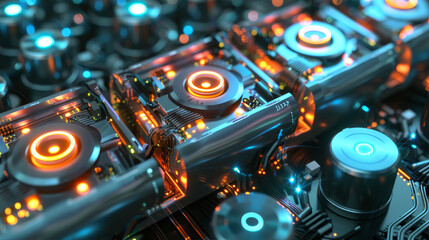 Poster - A close up of a computer circuit board with many small glowing lights