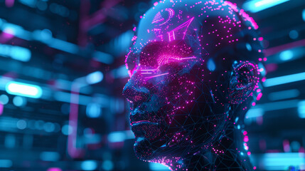 Poster - A man's face is shown in a computer generated image with a blue background