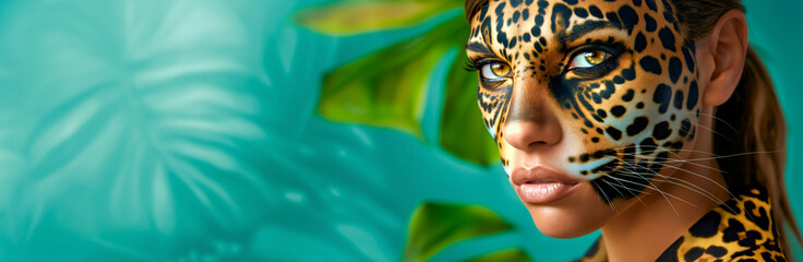 Poster - Fashion portrait of young woman adorned with jaguar or leopard print body art across her face posing against a pale blue background with tropical leaves