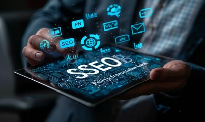 Poster - Businessman holding tablet with hologram interface of SEO and digital marketing icons