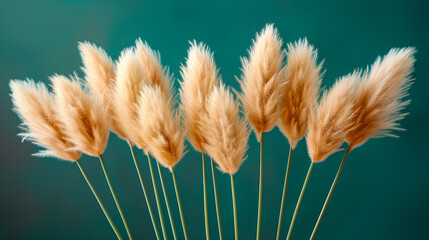 Wall Mural - Collection of vibrant pampas grass stems set against a striking teal background, showcasing their fluffy texture and natural beauty