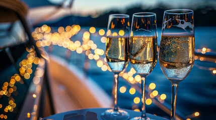 Three champagne glasses are on a table with a boat in the background