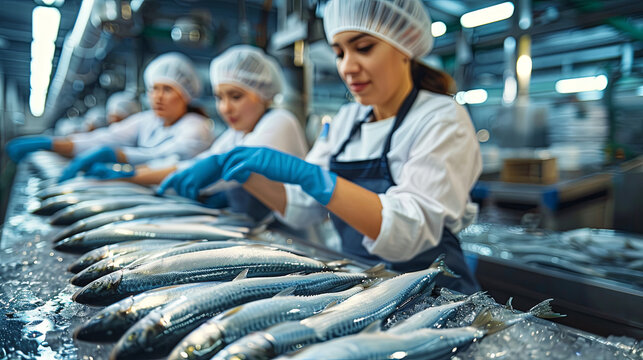 An industrial fish processing factory equipped with cutting tables and staffed by workers