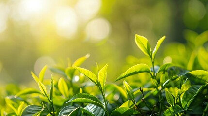 Wall Mural - Green tea leaves on a tea plantation, natural landscape, Close-up background