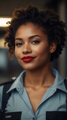 Wall Mural - Potrait beautiful smilling black woman police model, wearing police costume