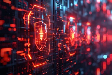 Fototapete - A computer screen with a red and blue background and a red and blue shield. A network of computers under siege by virtual threats, with a glowing cybersecurity shield blocking the attacks