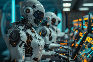 Poster - A robot is standing in front of a computer monitor. The robot is white and has a metallic appearance. team of AI-powered robots conducting maintenance on a digital shield generator,