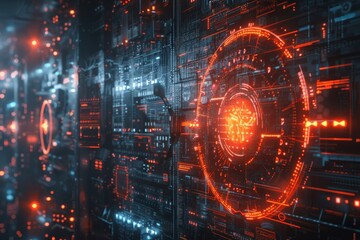 Fototapete - A visionary portrayal of cybersecurity in the future, with a shield made of light protecting a complex network of computers from unseen virtual threats, in sci-fi tones 