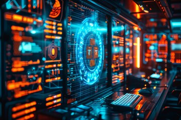 Fototapete - Computer monitor displays blue circle with red and orange background. blue circle is surrounded by series of orange and blue squares. abstract visualization of cybersecurity as a shield made of code,