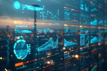 Fototapete - A computer screen displays a variety of graphs and numbers. Concept of complexity and information overload, as the viewer is bombarded with numerous data points and visual elements
