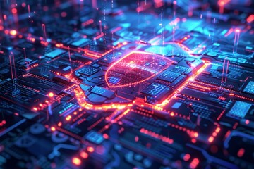 Fototapete - Computer chip with a red shield on it. chip is surrounded by blue background. animation concept of cybersecurity shield activating around network of computers, pulsing with energy to repel virtual