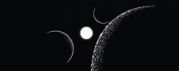 Wall Mural - Stars and exoplanet in outer space. Futuristic landscape, with noise texture . Night landscape with starry sky .Vector illustration