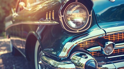 Wall Mural - the headlight of the old beautiful car on the background of a concrete wall. copy space. concept ban