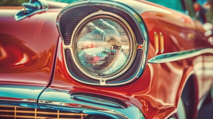 Wall Mural - the headlight of the old beautiful car on the background of a concrete wall. copy space. concept ban