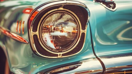 Wall Mural - the headlight of the old beautiful car on the background of a concrete wall. copy space. concept ban