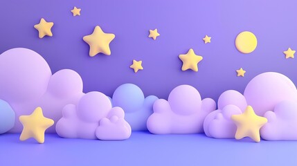 Wall Mural - Enchanting cartoon pastel purple clouds and yellow stars illuminating the night sky - whimsical 3d rendering
