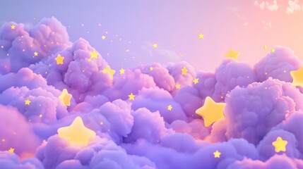 Wall Mural - Enchanting cartoon pastel purple clouds and yellow stars illuminating the night sky - whimsical 3d rendering
