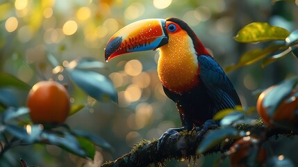 Wall Mural -  A colorful toucan perched on a branch of a tropical rainforest tree, its vibrant plumage a dazzling display against the lush green foliage.