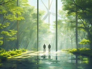 Business meeting focused on sustainability, Two people standing in futuristic green forest with large wind turbines in background, highlighting sustainability and eco-friendly technology.