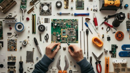 Engineer Assembling a Circuit Board on White Background