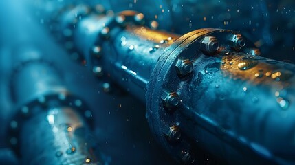 Horizontal industrial background with pipeline. blue water pipes on dark blue background. Banner template with copy space for text. Pipes for water, gas, oil.