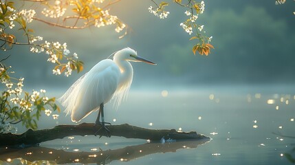 Wall Mural -  A graceful egret perched on a branch overhanging a tranquil pond, its pristine white feathers glowing in the soft morning light