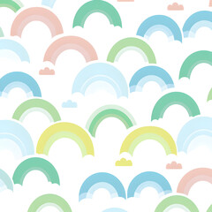 Pastel green seamless pattern background with rainbows