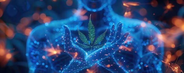 Create an image of a glowing blue woman holding a neon green cannabis leaf in her hands with a futuristic background of red and blue lights.