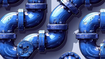 Horizontal industrial seamless pattern: blue piping on a white background for water, gas, oil. Vector illustration in a flat style.