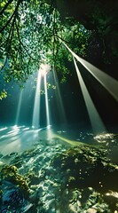 Wall Mural - the sun shines through the trees over the water