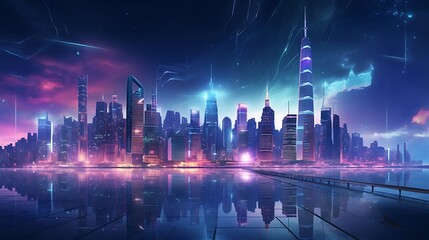 Wall Mural - Panoramic view of a futuristic city with skyscrapers illuminated by neon lights at night,