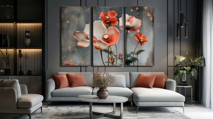 Wall Mural - 3 panel wall art, marble background flowers designs, wall decoration