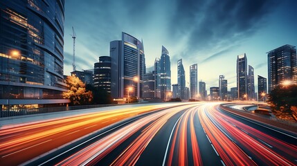 Light flow of traffic on a evening highway in a city with modern high buildings