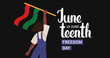 © Anastasiia - Juneteenth freedom day web banner. African-American woman with Pan African flag. Independence Day Background. Black Liberation flag. Holiday template for card with lettering. Vector flat illustration.